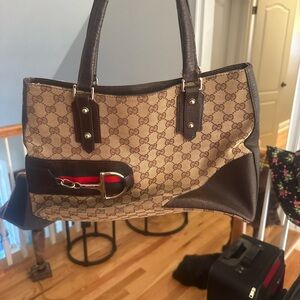 Gucci Brown and Tan Tote with Red Accent